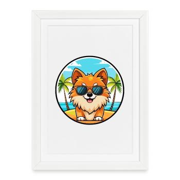 Poméranie Spitz allemand race de chien Cartoon Beach - Affiche encadrée (27 × 37 cm) - blanc - Devant