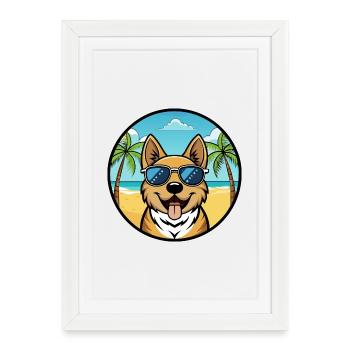 South Russian Ovcharka Dog Breed Cartoon Beach - Framed poster (27 × 37 cm) - white - Front