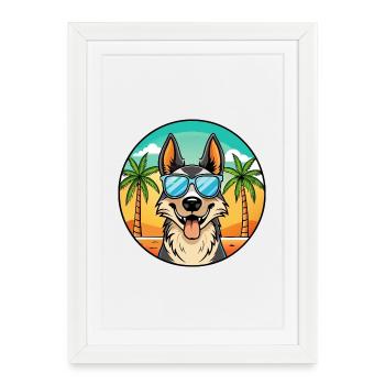 Chien de berger nord-américain race dessin animé plage - Affiche encadrée (27 × 37 cm) - blanc - Devant