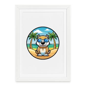 Milieu Asiatique Ovtcharka Chien Race Dessin Animé Plage - Affiche encadrée (27 × 37 cm) - blanc - Devant