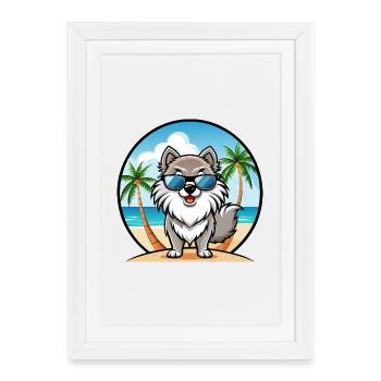 Keeshond Chien Race Dessin Animé Lunettes de Soleil Plage - Affiche encadrée (27 × 37 cm) - blanc - Devant