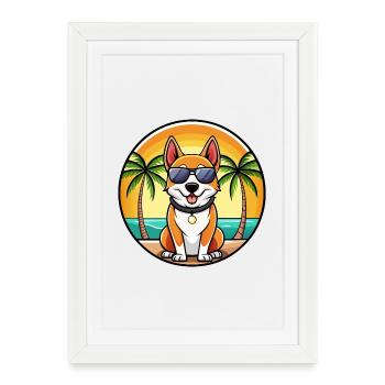 Terrier japonais chien race dessin animé lunettes de soleil plage - Affiche encadrée (27 × 37 cm) - blanc - Devant