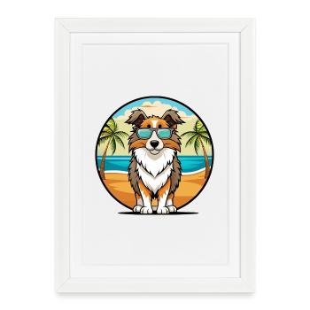 Berger anglais Chien Race Dessin Animé Lunettes De Soleil Plage - Affiche encadrée (27 × 37 cm) - blanc - Devant