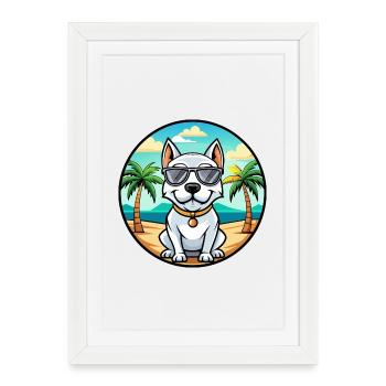 Dogue Argentino Chien Race Dessin Animé Lunettes De Soleil Plage - Affiche encadrée (27 × 37 cm) - blanc - Devant