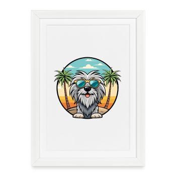 Bergamasco Chien de berger Race Dessin animé Lunettes de soleil Plage - Affiche encadrée (27 × 37 cm) - blanc - Devant