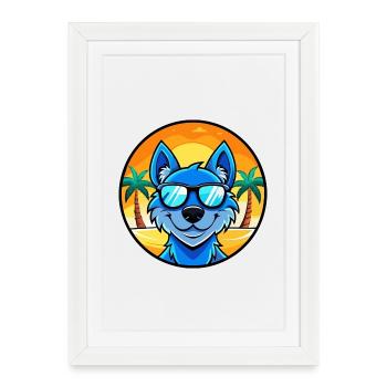 Lunettes de soleil de dessin animé de race de chien en dentelle bleue plage - Affiche encadrée (27 × 37 cm) - blanc - Devant
