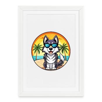 Alaskan Malamute Chien Race Dessin Animé Lunettes De Soleil Plage - Affiche encadrée (27 × 37 cm) - blanc - Devant