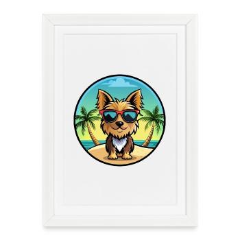 Yorkshire Terrier Dog Breed Cartoon Sunglass Beach - Framed poster (27 × 37 cm) - white - Front