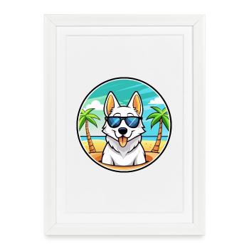 White Shepherd Dog Breed Cartoon Sunglasses Beach - Framed poster (27 × 37 cm) - white - Front