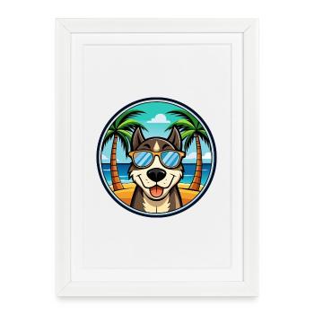 Chien courant tricolore sibérien race chien dessin animé plage - Affiche encadrée (27 × 37 cm) - blanc - Devant