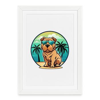 Shar Pei Chien Race Dessin Animé Lunettes De Soleil Plage - Affiche encadrée (27 × 37 cm) - blanc - Devant