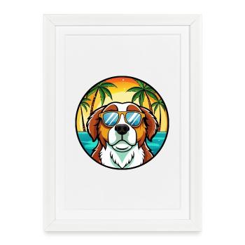 Saint Bernard Chien Race Dessin Animé Lunettes De Soleil Plage - Affiche encadrée (27 × 37 cm) - blanc - Devant