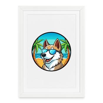 Russian European Laika Dog Breed Cartoon Beach - Framed poster (27 × 37 cm) - white - Front