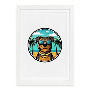 Rottweiler Chien Race Dessin Animé Lunettes De Soleil Plage - Affiche encadrée (27 × 37 cm) - blanc - Devant