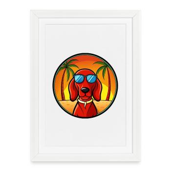 Redbone Coonhound Dog Breed Cartoon Sunglass Beach - Framed poster (27 × 37 cm) - white - Front