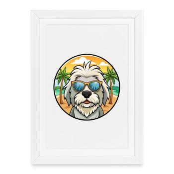 Vieux chien de berger anglais race dessin animé lunettes de soleil plage - Affiche encadrée (27 × 37 cm) - blanc - Devant