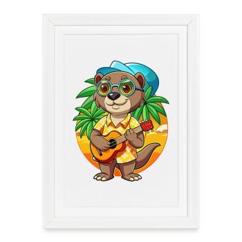 Drôle Otter Cartoon Summer Beach Lunettes de soleil Guitare - Affiche encadrée (27 × 37 cm) - blanc - Devant
