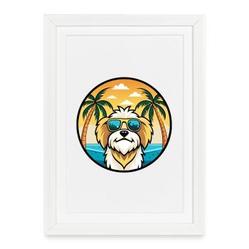 Lhassa Apso Chien Race Dessin Animé Lunettes De Soleil Plage - Affiche encadrée (27 × 37 cm) - blanc - Devant