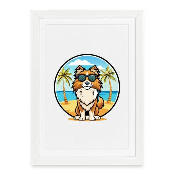 Berger anglais Chien Race Dessin Animé Lunettes De Soleil Plage - Affiche encadrée (27 × 37 cm) - blanc - Devant