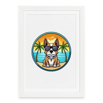 Braque Auvergne Chien Race Dessin Animé Lunettes de Soleil Plage - Affiche encadrée (27 × 37 cm) - blanc - Devant