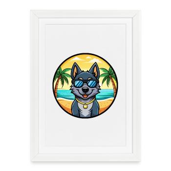 Black Norwegian Elkhound Dog Breed Cartoon Beach - Framed poster (27 × 37 cm) - white - Front