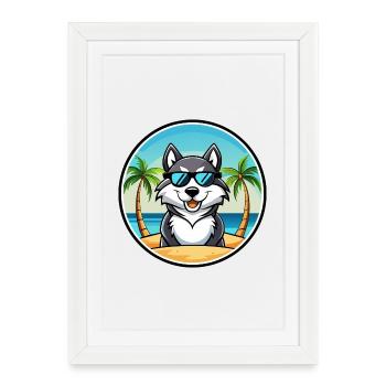 Alaskan Malamute Chien Race Dessin Animé Lunettes De Soleil Plage - Affiche encadrée (27 × 37 cm) - blanc - Devant