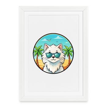 White Longhair Persian Cat Breed Cartoon Beach - Framed poster (27 × 37 cm) - white - Front