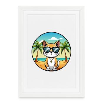 Siamois Shorthair Cat Breed Cartoon Sunglass Beach - Affiche encadrée (27 × 37 cm) - blanc - Devant