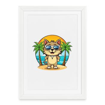 Kurilian Bobtail Cat Breed Cartoon Sunglass Beach - Affiche encadrée (27 × 37 cm) - blanc - Devant
