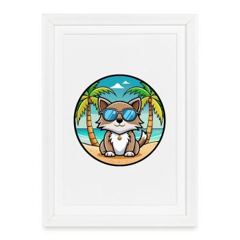 Carélie Bobtail Cat Breed Cartoon Sunglass Beach - Affiche encadrée (27 × 37 cm) - blanc - Devant
