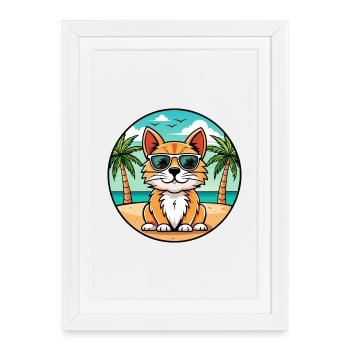 Lunettes de soleil de dessin animé de race de chat à poil long allemand plage - Affiche encadrée (27 × 37 cm) - blanc - Devant