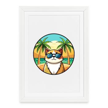 Exotique Shorthair Cat Breed Cartoon Sunglass Beach - Affiche encadrée (27 × 37 cm) - blanc - Devant