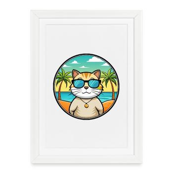 British Shorthair Cat Breed Cartoon Sunglass Beach - Affiche encadrée (27 × 37 cm) - blanc - Devant