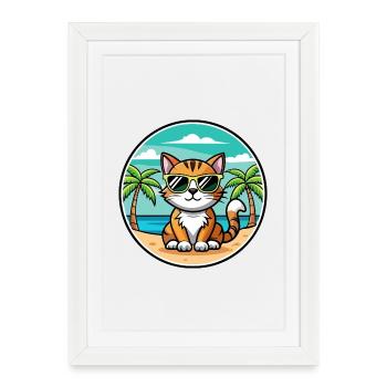 American Bobtail Cat Breed Cartoon Sunglass Beach - Affiche encadrée (27 × 37 cm) - blanc - Devant