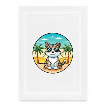 American Wirehair Cat Breed Cartoon Sunglass Beach - Affiche encadrée (27 × 37 cm) - blanc - Devant