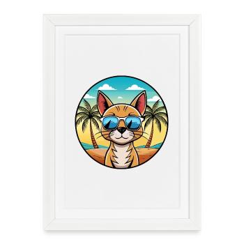 Lunettes de soleil de race de chat abyssin de dessin animé plage - Affiche encadrée (27 × 37 cm) - blanc - Devant