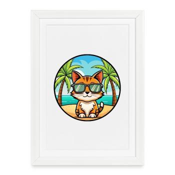 Somali Shorthair Cat Breed Cartoon Sunglass Beach - Affiche encadrée (27 × 37 cm) - blanc - Devant