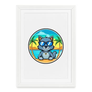 Lunettes de soleil de dessin animé de race de chat bleu russe plage - Affiche encadrée (27 × 37 cm) - blanc - Devant