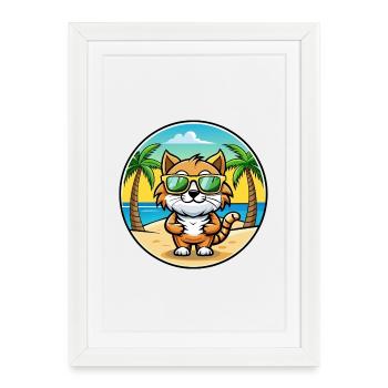 Kurilian Bobtail Cat Breed Cartoon Sunglass Beach - Affiche encadrée (27 × 37 cm) - blanc - Devant