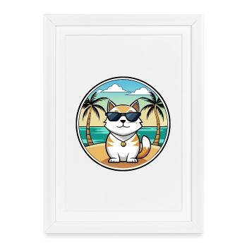 Japanese Bobtail Cat Breed Cartoon Sunglass Beach - Framed poster (27 × 37 cm) - white - Front