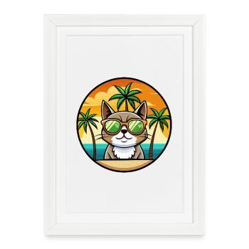 Exotique Shorthair Cat Breed Cartoon Sunglass Beach - Affiche encadrée (27 × 37 cm) - blanc - Devant