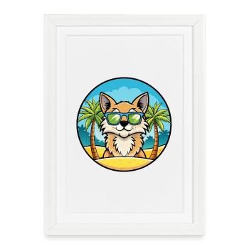 Lunettes de soleil de dessin animé de race de chat à poil long allemand plage - Affiche encadrée (27 × 37 cm) - blanc - Devant