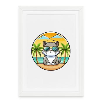 British Shorthair Cat Breed Cartoon Sunglass Beach - Affiche encadrée (27 × 37 cm) - blanc - Devant