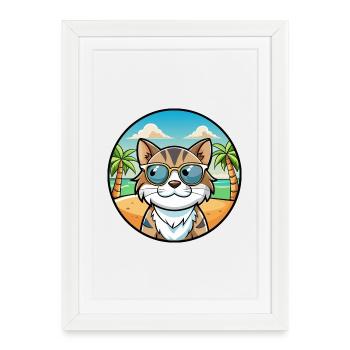 Lunettes de soleil de dessin animé de race de chat calicot dilué plage - Affiche encadrée (27 × 37 cm) - blanc - Devant