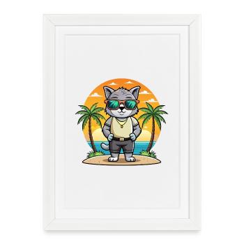 British Fold Shorthair Cat Breed Cartoon Beach - Affiche encadrée (27 × 37 cm) - blanc - Devant