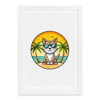 American Bobtail Cat Breed Cartoon Sunglass Beach - Affiche encadrée (27 × 37 cm) - blanc - Devant