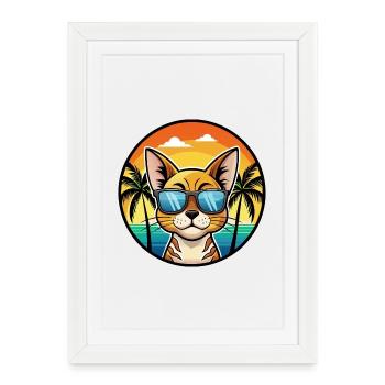 Chat Abyssin Race Dessin Animé Lunettes de soleil Plage - Affiche encadrée (27 × 37 cm) - blanc - Devant