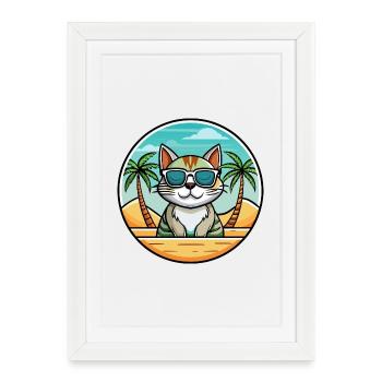 Américain Wirehair Chat Race Dessin Animé Lunettes de soleil Plage - Affiche encadrée (27 × 37 cm) - blanc - Devant