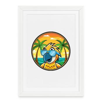 Perroquet Drôle Dessin Animé Plage Été Lunettes De Soleil Cool - Affiche encadrée (27 × 37 cm) - blanc - Devant