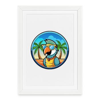 Perroquet Drôle Dessin Animé Plage Été Lunettes De Soleil Cool - Affiche encadrée (27 × 37 cm) - blanc - Devant